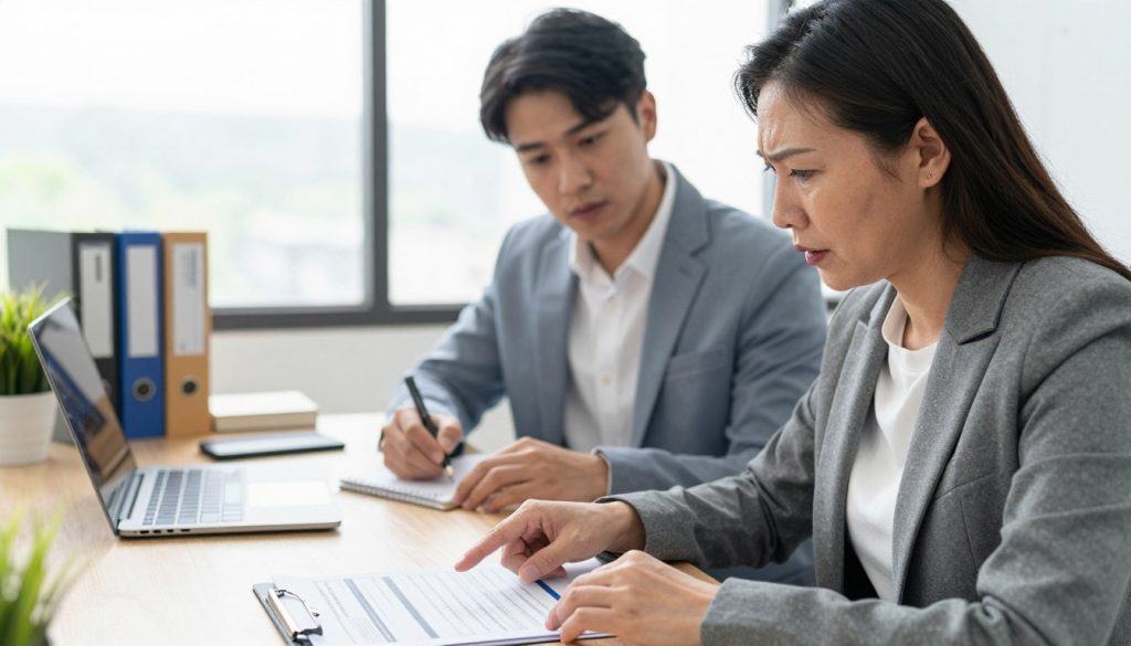 A bright, professional office setting with two individuals engaged in a discussion over a document. In the foreground, a middle-aged woman in business attire is pointing at a detailed insurance claim form on a table, displaying a look of concentration and concern. Next to her, a young man in a smart blazer is taking notes, looking attentive and supportive. In the middle, a well-organized desk with folders, a laptop, and a plant adding a touch of warmth. In the background, large windows let in natural light, creating a positive and inviting atmosphere. The overall mood is one of collaboration, expertise, and assistance, emphasizing the process of navigating complex insurance claims. The image is shot with a slight tilt to capture both faces and the documents, enhancing the feeling of engagement.