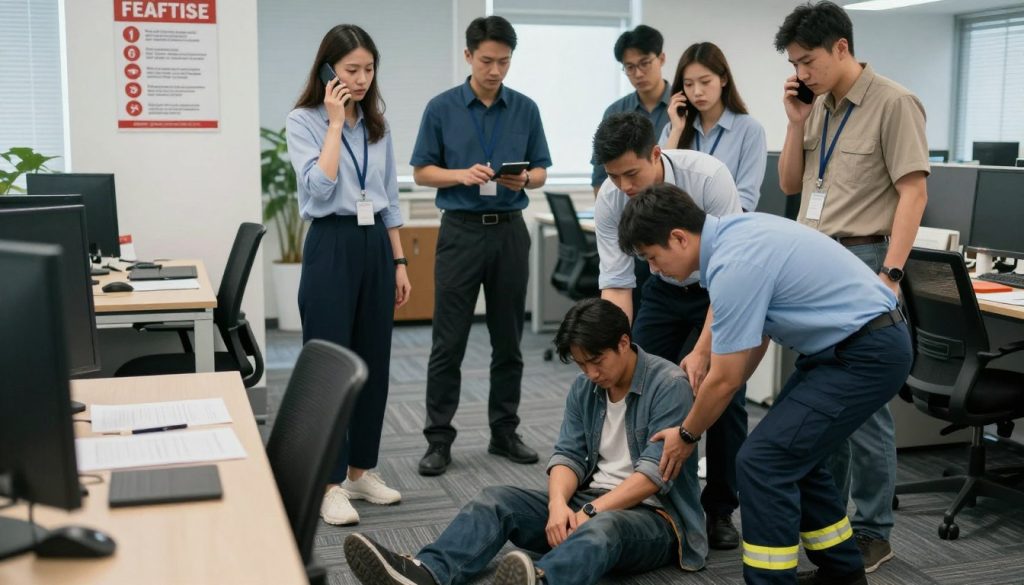 A busy workplace scene depicting a workplace accident response. In the foreground, an emergency response team in professional attire is assisting an injured worker who is sitting on the floor, looking distressed but calm. The responders are examining his condition, with one team member showing a reassuring demeanor. In the middle, additional workers glance on with concern, some using their phones to call for help. The background shows an office space with desks, chairs, and a safety poster on the wall outlining emergency procedures. Soft, diffused lighting illuminates the scene, creating a realistic and serious atmosphere. The camera angle is slightly elevated to capture the entire scene, conveying a sense of urgency and professionalism, while maintaining a focus on the human element of the response.