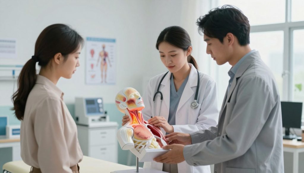 A clinical and educational scene illustrating common car accident injuries in a professional setting. In the foreground, a male and female medical professional dressed in modest, professional business attire, examining a detailed anatomical model of the human body. In the middle ground, a layout of common injuries depicted by highlights on the model, including bruises, fractures, and whiplash effects on the neck. The background should feature a hospital or clinic environment with medical equipment and charts on the walls, softly illuminated by natural light filtering through a window, creating a calm and informative atmosphere. The overall mood should evoke a sense of learning and awareness about hidden injuries after accidents.