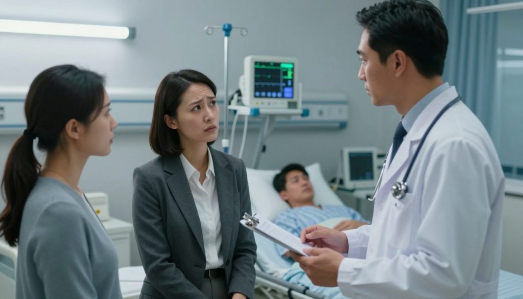 A clinical setting depicting a tense moment in a hospital room. In the foreground, a worried family member dressed in professional business attire looks anxiously at a doctor in a white coat, who is holding a medical chart, with an expression of concern. The middle layer features medical equipment like an IV stand and monitors that display irregular data. The background shows a hospital bed with a patient, emphasizing the atmosphere of urgency and distress. Soft, diffused overhead lighting casts a serious but somber tone, highlighting the emotional weight of the scene. The composition is captured at eye level, enhancing the sense of witnessing a crucial and emotional moment in healthcare, reflecting the serious implications of medical malpractice.