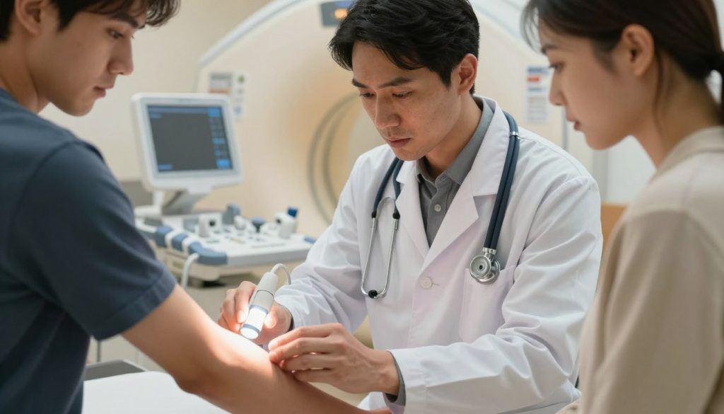 A close-up view of a doctor in a modern clinic setting, examining a patient’s arm for signs of hidden injuries after an accident. The doctor, dressed in a crisp white lab coat and stethoscope, focuses intently while using a medical light to illuminate the area. The patient, wearing modest casual clothing, appears concerned yet attentive. In the background, medical equipment like an MRI machine and charts are softly blurred, conveying a sense of professionalism and urgency. Warm, diffused lighting creates a calm atmosphere, enhancing the seriousness of the examination. This image should portray a moment of critical assessment, highlighting the search for subtle signs of injury in a realistic and relatable manner.