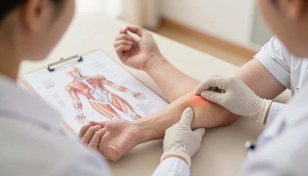 A close-up view of a healthcare professional gently assessing a patient's forearm with signs of a muscle tear. The foreground features the healthcare provider in a lab coat and gloves, attentively examining the injury, conveying professionalism and care. In the middle ground, a detailed anatomical chart illustrating muscle structures and the healing process is visibly placed, complementing the treatment context. The background showcases a well-lit medical clinic setting with soft, warm lighting, emphasizing a comforting atmosphere. The angle captures the interaction from a slightly above perspective, enhancing the focus on the treatment process. The overall mood is reassuring and focused, highlighting the importance of proper care in muscle recovery.