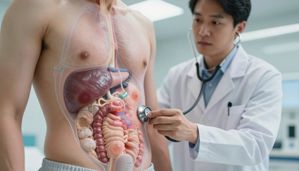 A close-up view of a human torso and abdomen in a clinical setting, emphasizing anatomical overlays that highlight areas commonly associated with internal injuries. The foreground features a semi-transparent digital display showing organs and possible injury indicators, like bruising or swelling. In the middle, a medical professional in a white lab coat examines the torso, using a stethoscope, with a focused expression. The background includes a hospital environment, softly illuminated by overhead lights, creating a sterile and informative atmosphere. Use a shallow depth of field to keep the focus on the subject while softly blurring the background. The overall mood should convey a sense of urgency and professionalism in a healthcare context.