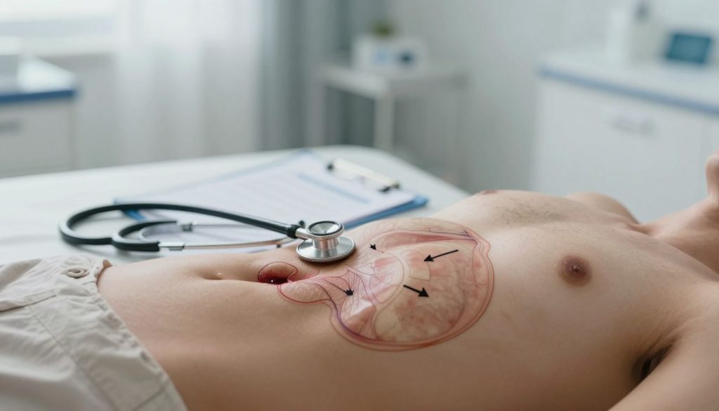 A close-up view of a human torso in a clinical setting, focused on clearly visible signs of internal injury. The foreground features anatomical diagrams highlighting areas such as the abdomen and chest, with arrows pointing to specific regions indicating potential trauma like organ damage or bleeding. In the middle ground, a stethoscope rests beside a medical chart, symbolizing the need for professional evaluation. The background is softly blurred, showcasing a well-lit hospital room, with gentle shadows adding depth. The lighting is bright and clinical, evoking a sense of urgency and caution. The overall mood is serious and informative, emphasizing the importance of recognizing these warning signs for immediate medical attention.