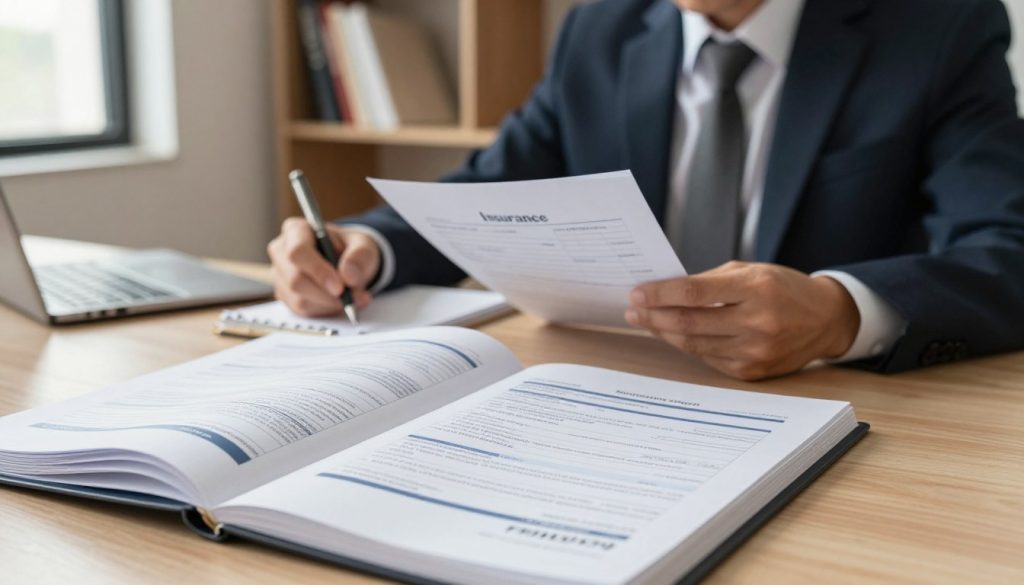 A cluttered desk in an office setting serves as the foreground, with an open folder displaying neatly organized insurance claim documentation, including forms, letters, and checklists, emphasizing the importance of careful record-keeping after a claim denial. In the middle ground, a professional individual in business attire is seen reviewing the documents, looking contemplative and focused, perhaps jotting down notes. The background features a warm-toned wall shelf lined with books on insurance and law. Soft, natural light filters in from a nearby window, creating a calm, serious atmosphere, while a shallow depth of field keeps the focus on the documentation and the person, symbolizing the carefully planned steps one must take after receiving a denial.