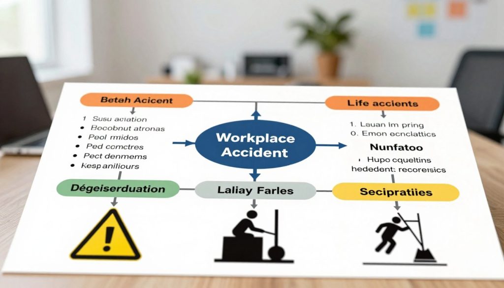 A comprehensive workplace accident types guide, featuring a well-organized infographic layout. In the foreground, depict various illustrated symbols representing common workplace accidents: a slip-and-fall hazard icon, a machinery-related accident symbol, and a lifting injury graphic. The middle section includes a clear, organized flowchart displaying types of accidents and safety precautions in a visually appealing manner. In the background, a subtle office environment with soft lighting creates a professional atmosphere, suggesting an informative setting. Use a slightly elevated angle to capture the entire layout, ensuring clarity and detail. The mood should be educational and focused, emphasizing safety and awareness in the workplace. No people should be included in the scene, maintaining a purely graphical representation.