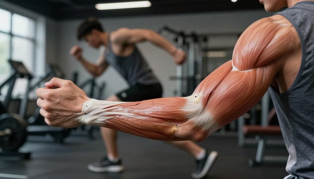 A conceptual illustration of muscle trauma in an athletic context. In the foreground, depict a close-up of a human arm with visible muscle fibers and indicators of strain, such as subtle swelling and discoloration, while the individual wears a professional athletic outfit. In the middle ground, include a blurred image of a person performing a strenuous activity, like lifting weights or sprinting, to suggest the cause of the injury. The background should feature a softly lit gym environment, with equipment and weights partially visible. Use dramatic lighting to cast gentle shadows that enhance the sense of tension and urgency. The mood should convey a serious and informative atmosphere, highlighting the complexity of muscle strain and tear injuries.