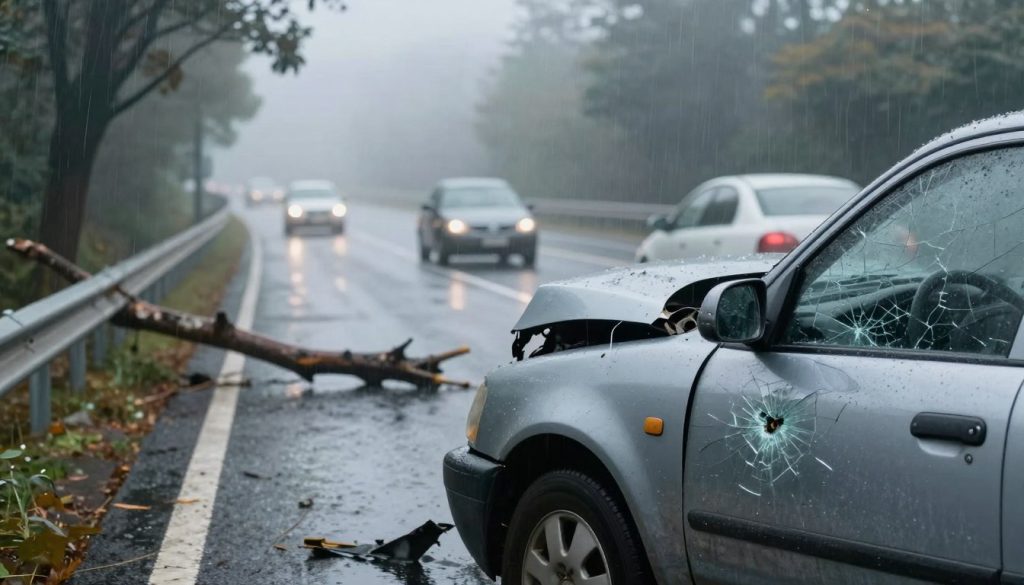 A detailed illustration capturing the factors contributing to road accidents. In the foreground, a close-up of a damaged vehicle showing cracked glass and crumpled metal. The middle ground depicts a diverse array of environmental conditions: rain-slicked roads, fog obscuring visibility, and a nearby tree branch that has fallen onto the road. The background features blurred vehicles navigating a winding road, emphasizing the dangers of sudden environmental changes. The scene is illuminated by soft, overcast daylight, creating a somber atmosphere to highlight the seriousness of road safety. The overall composition should be realistic and thought-provoking, conveying both urgency and the need for awareness regarding vehicle-related causes of accidents.