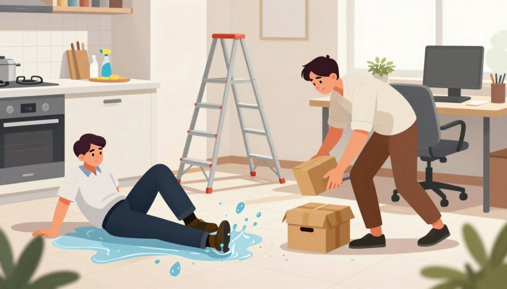 A detailed illustration depicting common accident types in a domestic and workplace setting. In the foreground, two scenarios: a kitchen accident with a person in professional attire, slipping on a wet floor near spilled water, and an office scene where a person in modest casual clothing has tripped over a small box. The middle ground features tools and items that are commonly associated with accidents, such as a ladder, a cluttered desk, and cleaning supplies. The background shows partially visible settings of a home and an office, both bright and well-lit to enhance visibility. The mood is serious yet educational, aiming to raise awareness about safety. Use high contrast lighting for emphasis, with a focus on clarity and detail. The angle should be slightly elevated to capture both scenes effectively.