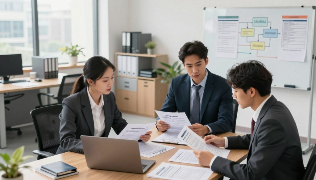 A detailed illustration of the insurance claims process after an accident. In the foreground, a diverse group of three professionals dressed in smart business attire are engaged in a discussion, reviewing insurance documents and laptops. In the middle ground, a large, functional office space is visible, filled with modern desks, filing cabinets, and a wall showcasing a whiteboard with flowcharts and checklists. In the background, large windows let in natural light, adding a warm glow and highlighting an urban landscape outside. The atmosphere is focused yet approachable, conveying a sense of teamwork and determination as they navigate the complexities of the claims process. The angle is slightly elevated, providing a comprehensive view of the scene while ensuring clarity in the professionals' interactions.