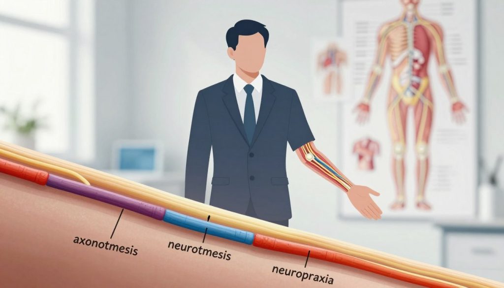 A detailed illustration showcasing various types of nerve injuries: foreground features a close-up of human nerve fibers with clear visual distinctions of different injury types—axonotmesis, neurotmesis, and neuropraxia—highlighted in distinct colors for clarity. The middle ground presents a human silhouette in professional attire, demonstrating impaired motor function in one arm, visually emphasizing the effects of nerve injuries. In the background, a blurred medical setting featuring anatomical diagrams of the nervous system creates context. Soft, natural lighting illuminates the scene to evoke a clinical, informative atmosphere. The lens angle captures the nerve fibers from a slightly elevated perspective, enhancing the educational focus on nerve injury types and their consequences. The overall mood is serious yet enlightening, making it suitable for a comprehensive guide on nerve injuries.