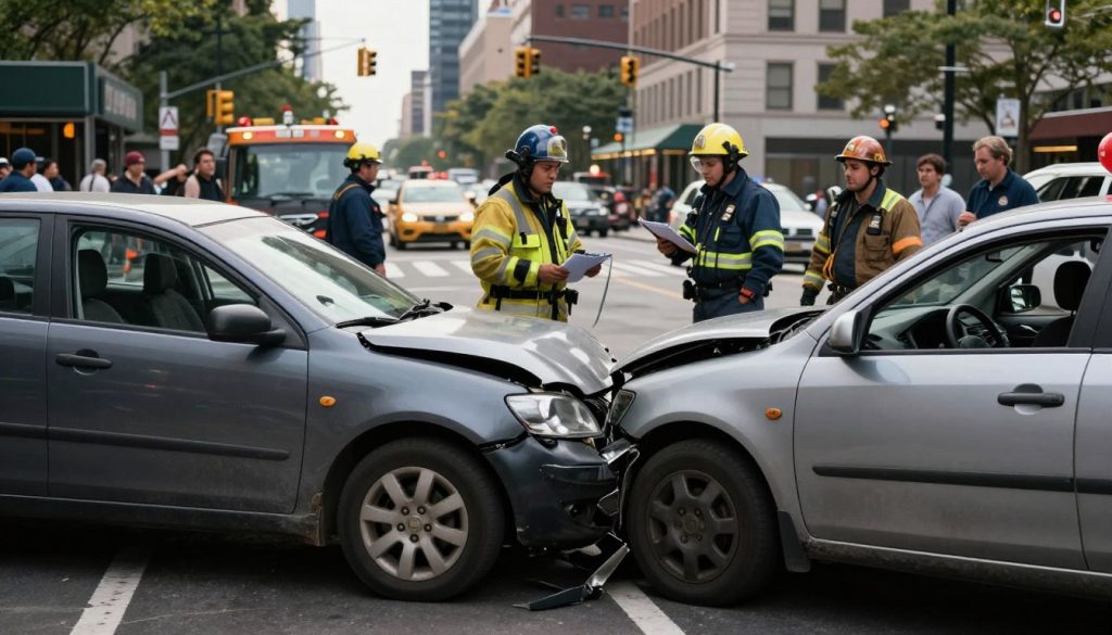 A detailed scene of a vehicle-related accident on a busy urban street intersection. In the foreground, two damaged cars collide at a slight angle, showcasing crumpled hoods and broken glass. The middle ground features emergency responders in professional attire assessing the situation, with one holding a clipboard and another directing traffic. The background displays a cityscape with tall buildings, traffic lights, and onlookers observing with concern. The scene is illuminated by natural daylight, casting soft shadows, creating a somber yet serious atmosphere. The framing should be slightly angled to capture the dynamic nature of the accident while maintaining focus on the vehicles and responders.
