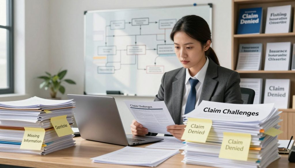 A determined insurance adjuster, dressed in a smart professional outfit, stands at a cluttered desk filled with paperwork, files, and a laptop, symbolizing the complexities of claim filing. In the foreground, a large stack of documents labeled "Claim Challenges" looms, with sticky notes peeking out, depicting various obstacles like "Missing Information" and "Claim Denied." In the middle ground, a whiteboard displays flowcharts and strategies for overcoming obstacles, bathed in soft daylight filtering through a nearby window, creating a focused yet hopeful atmosphere. The background includes shelves filled with insurance brochures and motivational quotes about perseverance, enhancing the theme of navigating challenges. The mood is serious yet encouraging, suggesting a journey toward resolution.