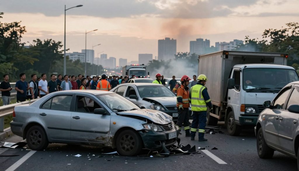 A dramatic scene depicting major road accidents on a busy highway during the late afternoon. In the foreground, several damaged vehicles, including a crumpled sedan and an overturned truck, are scattered across the road, surrounded by debris. Emergency responders in professional uniforms are actively attending to the situation, showcasing the urgency of the moment. In the middle ground, a crowd of onlookers is gathered at a safe distance, their expressions capturing shock and concern. The background features a blurred skyline of the city, with smoke rising from the accident site under a moody, overcast sky, enhancing the tension of the scene. The lighting is natural but subdued, emphasizing the seriousness of the event, while the composition uses a slightly elevated angle to capture both the chaos and the scale of the accident effectively.