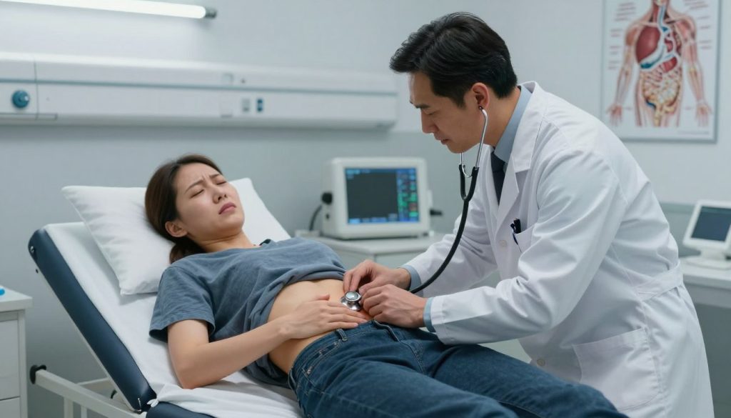 A focused medical examination scene depicting a doctor in professional attire, examining a patient with abdominal pain in a well-lit hospital room. The foreground showcases the doctor intently analyzing the patient's abdomen with a stethoscope, creating a sense of urgency and care. In the middle, the patient lies on an examination table, with a look of discomfort, while medical equipment and charts are visible. The background features soft lighting highlighting the sterile environment, with anatomical diagrams on the walls illustrating internal organs. The atmosphere is clinical yet compassionate, emphasizing the importance of detecting internal injuries. Use a wide-angle lens to capture the depth and details of the scene, with soft shadows to enhance the mood.