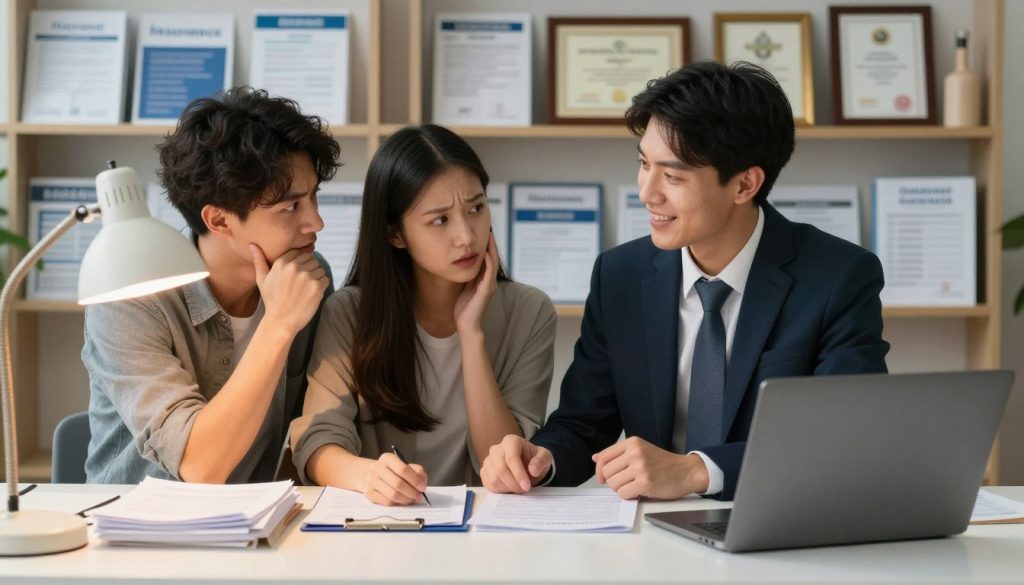 A friendly insurance agent in professional attire, sitting at a neatly organized desk stacked with documents and a laptop, assisting a young couple who look attentive and engaged. The couple, dressed in modest casual clothing, appear to be asking questions with expressions of concern, illustrating their need for guidance. In the background, shelves adorned with insurance brochures and framed certificates create a supportive and informative atmosphere. Soft, warm lighting from a desk lamp highlights the scene, casting gentle shadows that evoke a sense of trust and professionalism. The composition is balanced, with the foreground focused on the interaction and the background suggesting a welcoming office environment. The overall mood is one of reassurance and support, perfect for beginners navigating the complexities of insurance claims.