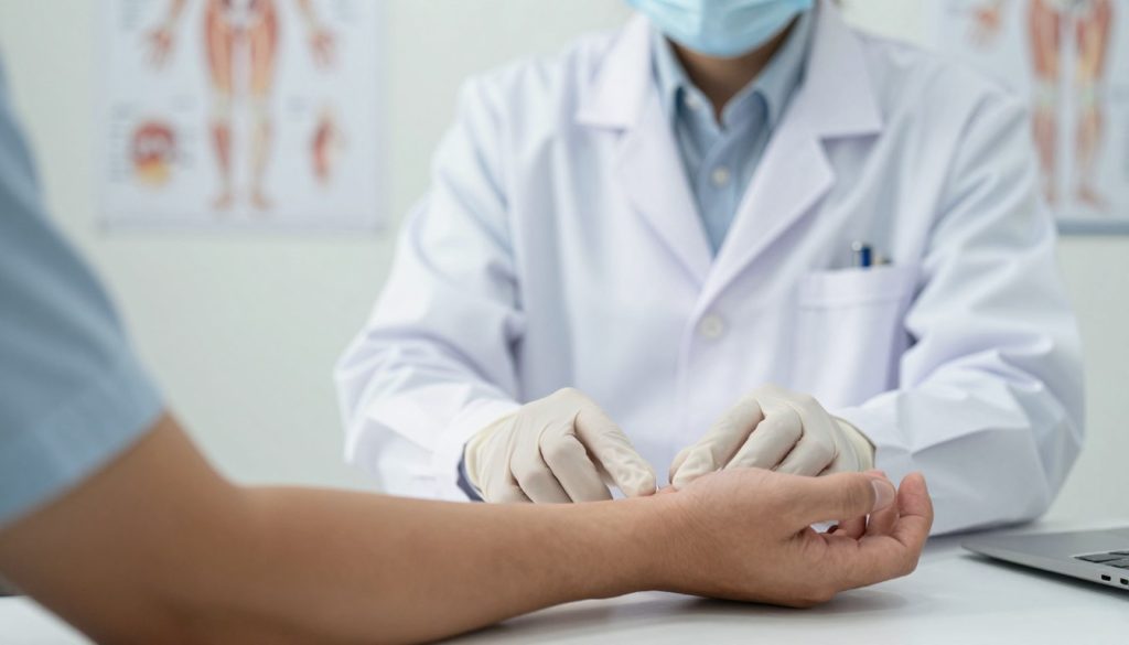A medical professional examining a patient's arm in a well-lit clinical setting, showcasing signs of nerve damage. The foreground features a close-up of the patient's hand, highlighting symptoms such as weakness and numbness, with the fingers slightly curled and lacking dexterity. In the middle ground, the doctor, dressed in a crisp white lab coat and wearing protective gloves, interacts with the patient, demonstrating care and professionalism. The background includes medical charts and anatomy posters related to the nervous system, creating an informative atmosphere. Soft, diffused lighting enhances the clinical feel, while a slight focus blur on the background directs attention to the interaction. The overall mood is serious yet compassionate, emphasizing the importance of recognizing nerve damage symptoms.