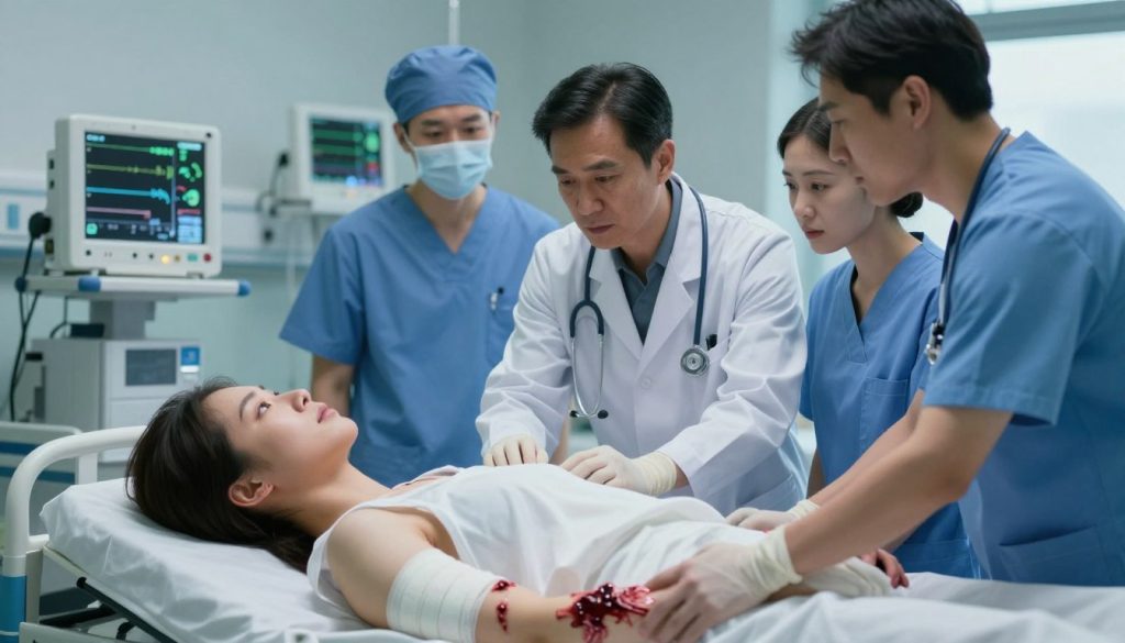 A medical scene depicting serious injuries in a clinical environment. In the foreground, a patient is lying on a hospital stretcher with visible, non-graphic wounds on their arm, bandaged and treated by attentive healthcare professionals in professional attire. The middle ground features a medical team, including a doctor and a nurse, focused on assessing the patient, their expressions conveying urgency and concern. The background includes hospital equipment, monitors displaying vital signs, and a softly lit room, emphasizing a sense of seriousness and urgency. The overall atmosphere is somber yet hopeful, with soft, diffused lighting that highlights the human impact of serious injuries, creating an emotionally engaging scene without graphic details.