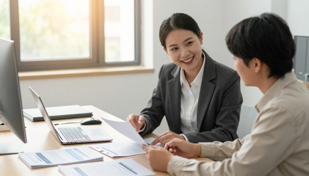 A modern office environment showcasing a professional consultation for insurance claim support. In the foreground, a smiling insurance agent wearing business attire is discussing paperwork with a client, who appears attentive and engaged, dressed in modest business casual. The middle area features a partially visible desk with a laptop, files, and insurance brochures scattered around, hinting at a supportive conversation. In the background, large windows allow natural sunlight to flood the space, creating a warm and inviting atmosphere. The overall mood is one of trust and assurance, with soft, diffused lighting for a calming effect. The scene is framed with a slight overhead angle to capture the dynamic interaction.