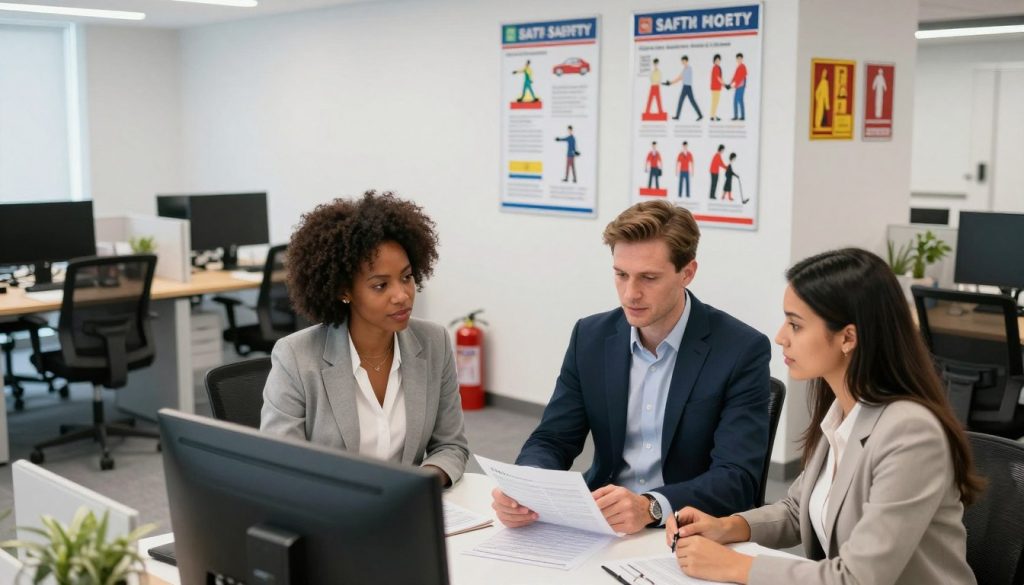 A modern office environment showcasing workplace safety protocols, featuring a bright and well-organized workspace. In the foreground, a diverse group of three professionals—one African American woman, one Caucasian man, and one Hispanic woman—are attentively discussing safety guidelines around a table. They're dressed in professional business attire. In the middle ground, safety posters are visible on the walls, illustrating various safety measures like proper lifting techniques and fire exits. In the background, desks are equipped with ergonomic chairs, clear safety signage, and fire extinguishers. The lighting is bright and ambient, creating a welcoming atmosphere. The angle captures the scene from slightly above, emphasizing teamwork and safety awareness in a corporate setting.