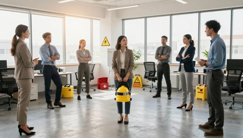 A modern office setting portraying effective workplace accident prevention. In the foreground, a diverse group of professionals in business attire are engaging in a safety training session, demonstrating proper lifting techniques and the use of personal protective equipment (PPE). The middle ground features an assortment of visible safety tools, like warning signs, first aid kits, and ergonomic furniture. In the background, large windows allow natural light to flood the room, casting a warm glow over the scene. The atmosphere is collaborative and focused, emphasizing a commitment to safety. Use a wide-angle lens to capture the entire environment, and adjust the lighting to highlight the professionals’ expressions of determination and teamwork.