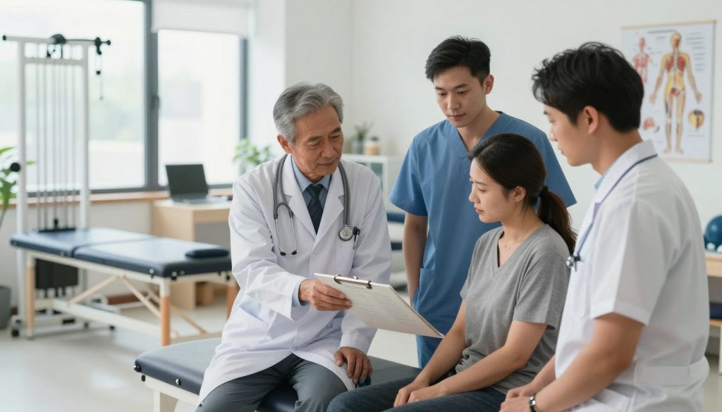A professional healthcare setting illustrating nerve injury treatment options. The foreground features a diverse group of three healthcare professionals, a physician, a physical therapist, and an occupational therapist, all dressed in smart business attire, examining a patient's medical chart and discussing treatment strategies. In the middle ground, show various treatment modalities: a physical therapy area with exercise equipment, a workstation for occupational therapy, and a consultation area with anatomical diagrams of the nervous system. In the background, soft, ambient lighting creates a welcoming atmosphere, with light filtering through large windows illuminating the space. The mood conveys professionalism, hope, and collaborative care, aiming to present advanced therapeutic techniques and rehabilitation approaches in a modern medical environment.