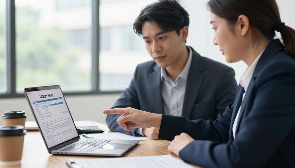 A professional insurance advisor helping a client with an insurance claim in a modern office setting. In the foreground, the advisor, a middle-aged woman in professional business attire, is attentively pointing to a laptop screen, demonstrating claim paperwork. The client, a young man in a smart casual outfit, looks engaged and focused. In the middle ground, a cluttered desk with insurance documents, a calculator, and a cup of coffee hints at the complexities of filing a claim. The background features a large window with soft, natural lighting pouring in, creating an inviting atmosphere. The scene captures a collaborative and supportive mood, symbolizing the importance of professional assistance in overcoming common insurance claim challenges. Use a shallow depth of field for a soft background blur to draw attention to the interaction.