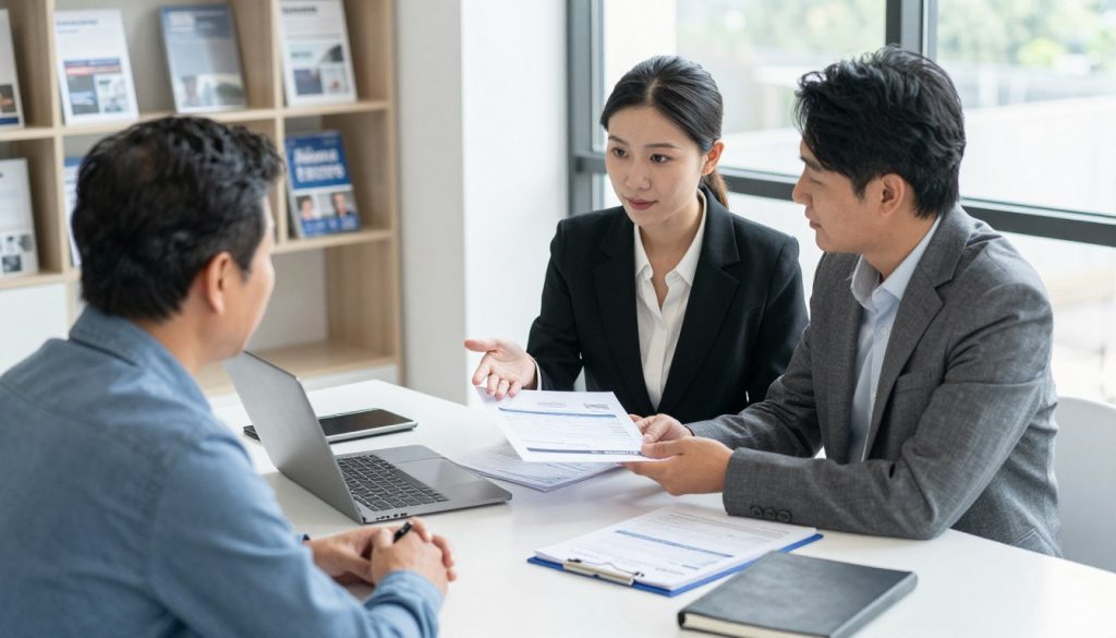 A professional insurance claim specialist assisting a client at a sleek, modern office desk, with a laptop open and documents spread out. The specialist, a woman in professional business attire, is explaining the claim process with a supportive posture, while the client, a middle-aged man in smart casual clothing, listens attentively. In the background, soft-focus office elements like shelves with insurance brochures and a large window letting in natural light create a welcoming atmosphere. The scene is well-lit, conveying a sense of trust and professionalism, shot with a slight overhead angle to emphasize the engagement between the specialist and the client, reflecting a mood of reassurance and assistance in navigating the insurance claim process.