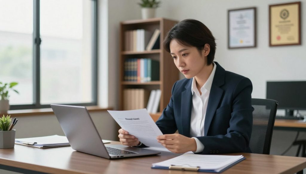 A professional insurance consultant in a modern office environment, sitting at a sleek desk with a laptop open, reviewing documents related to a denied insurance claim. The consultant, wearing a smart business suit, has a focused expression, exemplifying dedication to client support. In the background, a large window with natural light illuminating the space, and a bookshelf filled with insurance-related materials. The walls are adorned with framed certificates and awards, emphasizing expertise. The atmosphere is calm and professional, suggesting a safe space for clients seeking assistance. Soft, diffused lighting enhances the scene's warmth, while the angle captures both the consultant and the detail-rich office environment, highlighting the importance of professional help in navigating claim denials.
