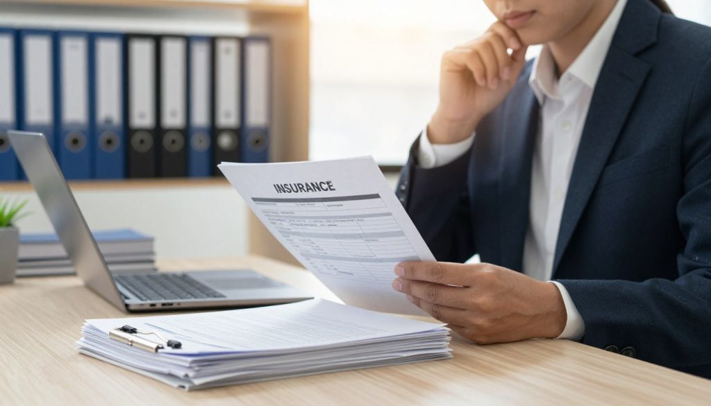 A professional setting depicting an insurance consultant sitting at a desk, reviewing insurance claim documents. In the foreground, a neatly stacked pile of documents and a laptop with an open claims form. The consultant, dressed in a smart suit, thoughtfully examines the papers under soft, warm overhead lighting, creating a focused atmosphere. In the middle ground, there are shelves lined with organized files and books about insurance regulations, enhancing the theme of preparation and guidance. The background features a bright window with a soft glow, hinting at a calm day outside, adding a sense of reassurance and stability. The overall mood is one of professionalism and diligence, emphasizing the importance of being thorough before filing an insurance claim.