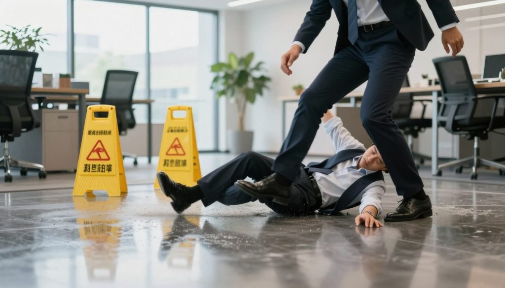 A scene depicting a slip and fall accident in a well-lit, professional office setting. In the foreground, a businessperson in professional attire slips on a wet floor, their body in a dynamic motion capturing the moment of loss of balance. The middle ground features a reflective floor with a visible caution sign warning of the hazard. Background includes an office with modern furnishings, such as desks and plants, softly illuminated by natural light streaming through large windows. The mood conveys urgency and concern, with an emphasis on safety. Use a wide-angle lens perspective to enhance the sense of space, and ensure the image conveys a clear understanding of the hazards associated with slip and fall accidents.