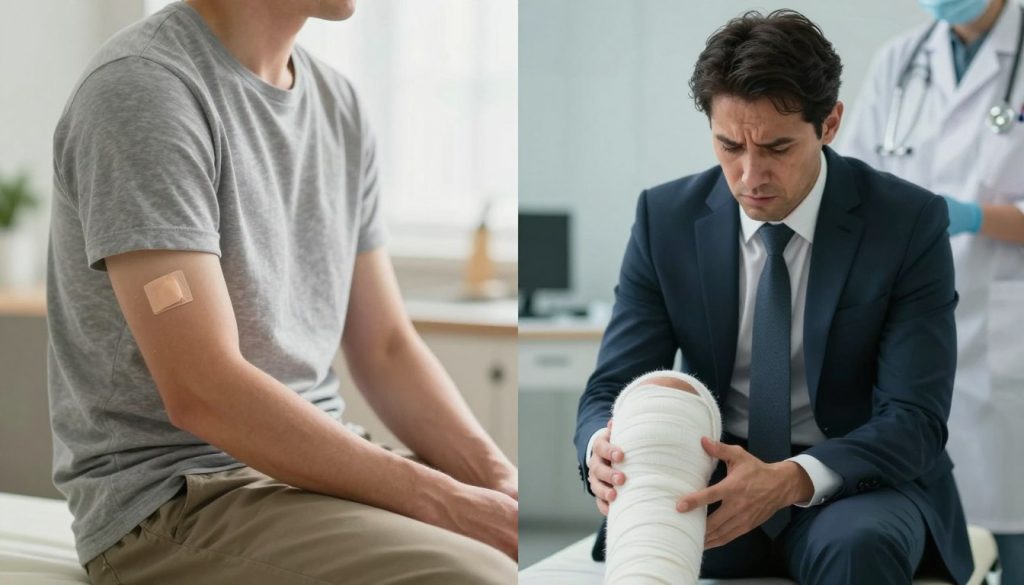 A split image showcasing the contrast between minor and serious injuries, positioned side by side. On the left side, illustrate a person in modest casual clothing with a small bandage on their arm, appearing calm and relaxed in a well-lit, softly focused environment. On the right side, depict a more serious scene with a person in professional business attire, visibly distressed and holding a bandaged leg in a clinical setting, with a medical professional in the background assessing the situation. Use natural lighting to create a warm atmosphere on the minor injury side and cooler, sterner lighting on the serious injury side, emphasizing the differences in severity. The image is shot from a slightly elevated angle to capture both scenarios clearly within a cohesive frame.