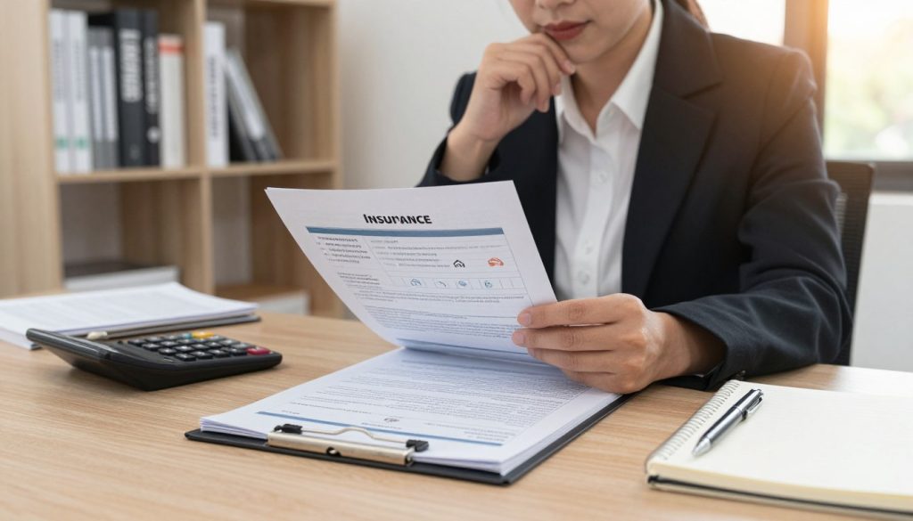A visually engaging scene depicting a well-organized workspace focused on understanding insurance policy coverage. In the foreground, an open insurance policy document, featuring clearly defined sections and icons representing coverage types—like a car, home, and health—surrounded by a calculator, pen, and notepad. In the middle ground, a professional-looking person in business attire is studying the document intently, with a thoughtful expression. The background features a bookshelf filled with reference materials on insurance, and a window letting in warm, soft natural light, creating a calm and focused atmosphere. The composition should evoke clarity and reassurance, emphasizing the importance of navigating policy details. The camera angle is slightly elevated, providing a comprehensive view of the workspace.