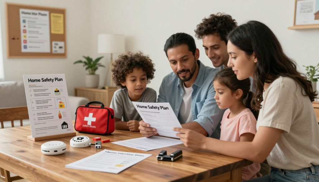 A warm and inviting family living room, showcasing a detailed "Home Safety Plan" displayed on a wooden table. In the foreground, a diverse family — a father, mother, and their two children — are gathered, reviewing safety checklists and discussing their home's preventative measures. The middle ground features the table with safety equipment like smoke detectors, first aid kit, and child-proof locks spread out. The background reveals a cozy home environment with soft lighting that conveys a sense of security, including a bulletin board on the wall with safety tips displayed. The overall mood is proactive and collaborative, emphasizing family engagement in home safety. Use a natural indoor light source for a comfortable atmosphere, shot with a slight downward angle to capture the family’s expressions and the plan clearly.