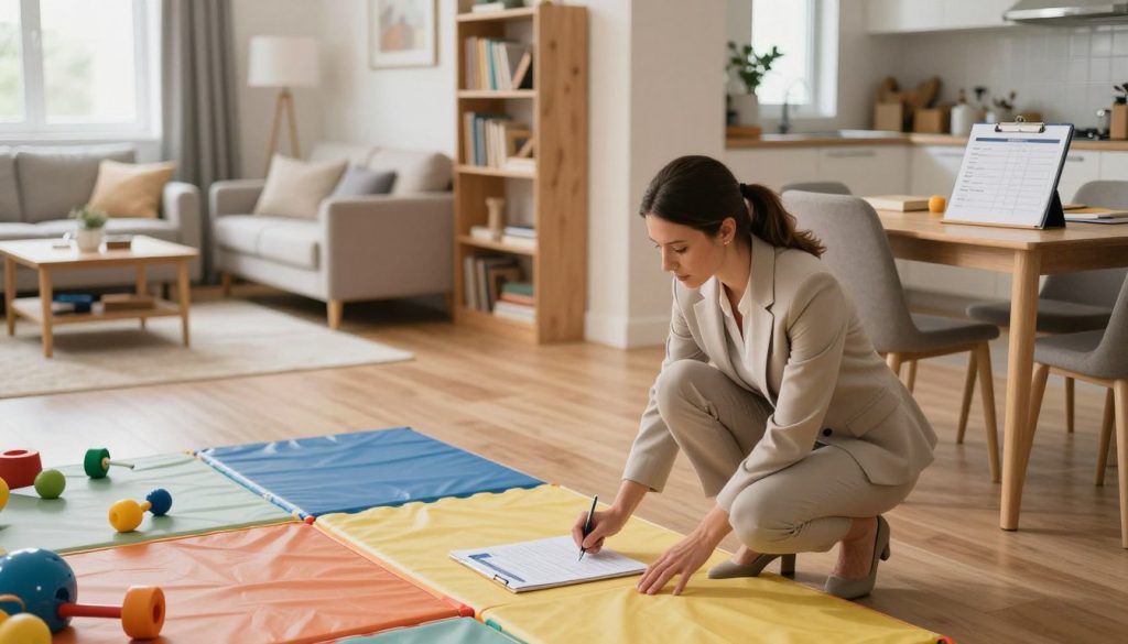 A well-lit home interior showing a safety assessment in progress. In the foreground, a professional woman in modest business attire is crouching down, inspecting a child's play area filled with toys and safety padding. In the middle ground, a cozy living room features furniture arranged for safety, with clear pathways and no clutter. A visibly secure bookshelf is anchored to the wall. In the background, a kitchen table has a checklist and a notepad outlining safety measures. Soft, natural light pours in from a window, creating a warm and inviting atmosphere. The overall mood is focused and diligent, reflecting the importance of home safety without being overwhelming. The camera angle is slightly elevated, providing a comprehensive view of the room's safety features.